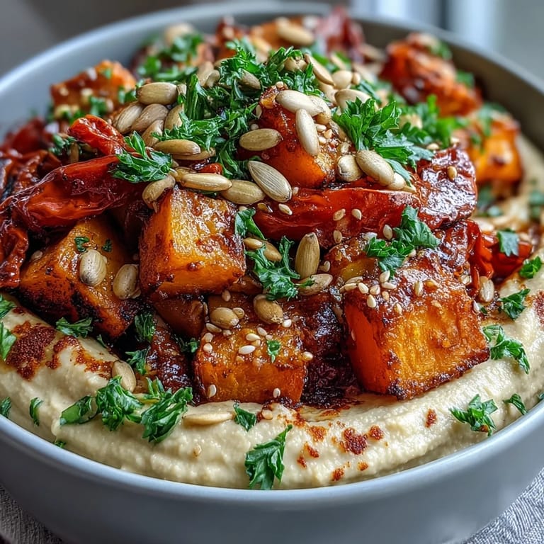 Colorful Roast Squash and Hummus Winter Salad layers roasted squash and bell peppers over creamy hummus, topped with parsley and smoked paprika for extra flavor.