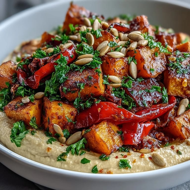 Hearty Roast Squash and Hummus Winter Salad features roasted vegetables, a smooth hummus base, and crunchy seeds for a cozy vegetarian meal.  