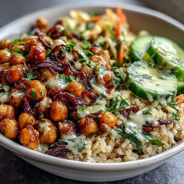 Savor this nourishing Peanut Chickpea Rice Bowl, a colorful medley of hearty grains, plant-based protein, and crisp veggies tossed in a savory-sweet peanut sauce.  