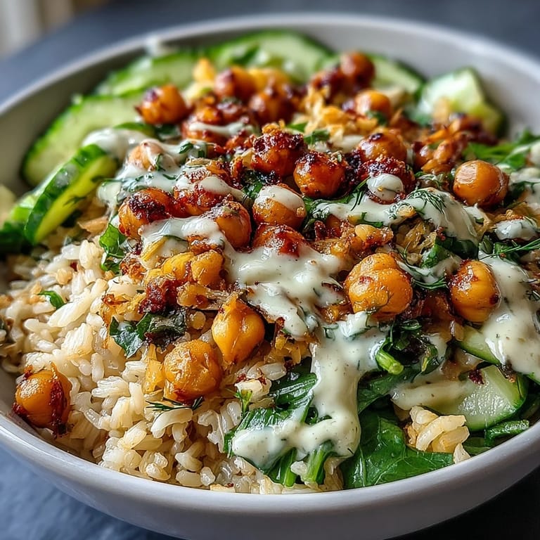 Close-up of a freshly assembled Peanut Chickpea Rice Bowl, highlighting the rich texture of roasted peanuts, tender chickpeas, and fresh cucumber slices over a bed of wholesome brown rice.
