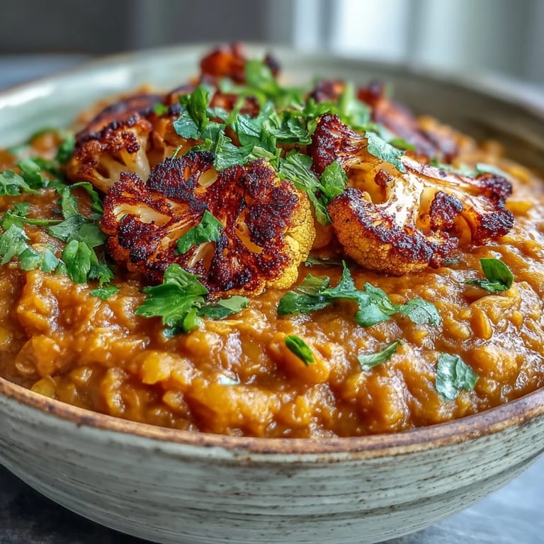 A hearty bowl of dhal with cumin-roasted cauliflower, fresh cilantro, and warm spices, perfect for a cozy vegetarian dinner.  