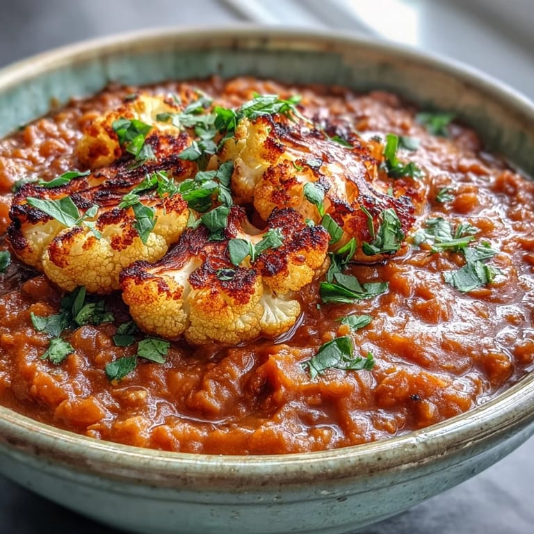 Vibrant red lentil dhal paired with crispy, spice-dusted cumin-roasted cauliflower, topped with a squeeze of fresh lemon juice.