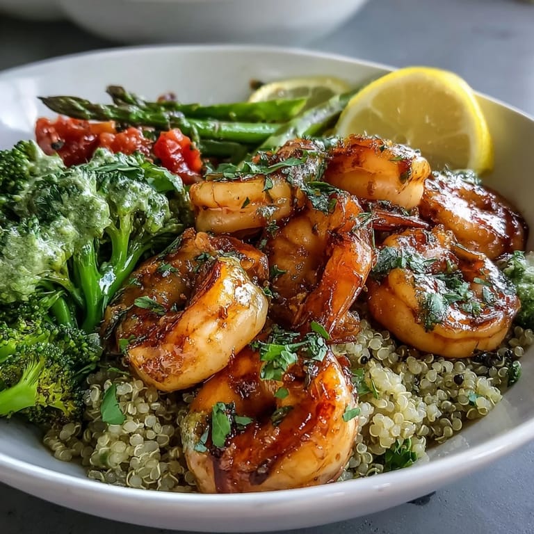 Healthy Detox Buddha Bowl with Shrimp and Quinoa, served with bright lemon wedges and herbs for a refreshing, nutrient-packed meal.
