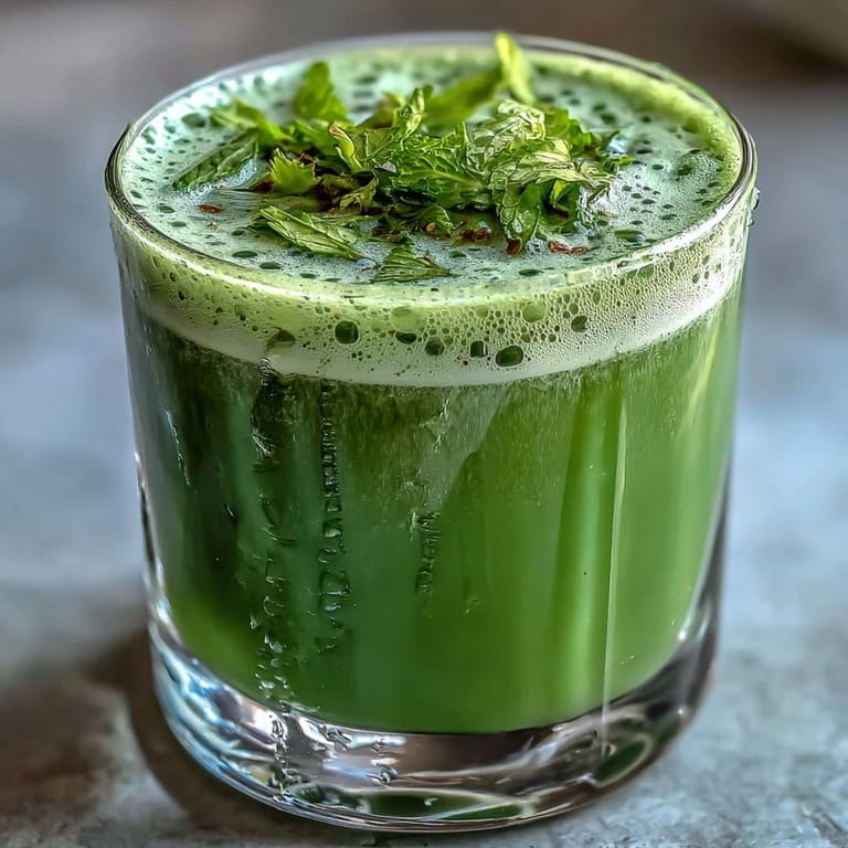 Close-up of a glass of Celery Ginger Lemon Juice over ice, showcasing its bright, frothy texture with a sprig of mint and a lemon twist.