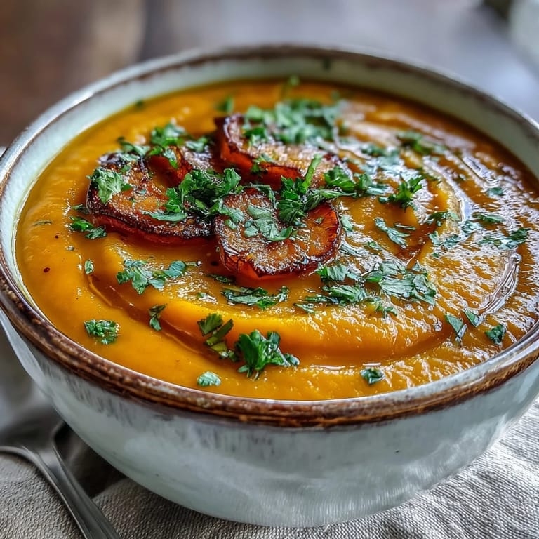 A top-down view of homemade butternut squash and lentil soup garnished with olive oil swirls, spices, and warm spoon.