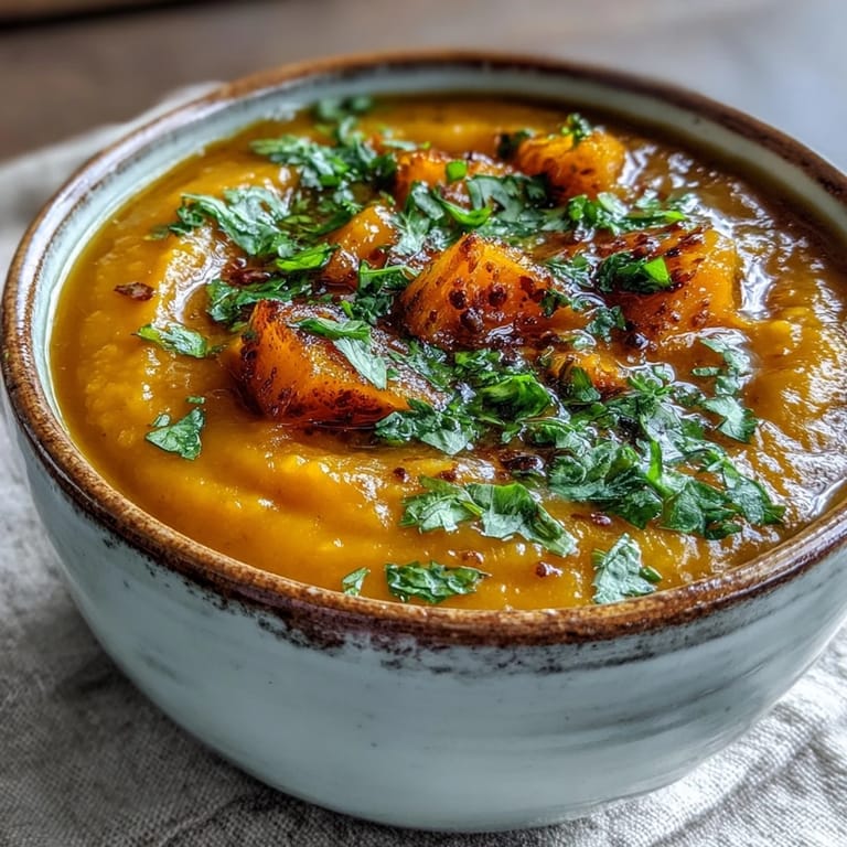Velvety butternut squash and lentil soup in a white ceramic bowl, steaming and paired with gluten-free bread on a linen napkin.
