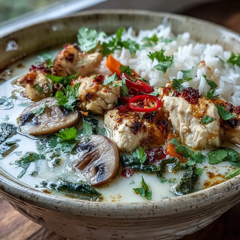 Thai Coconut Curry Soup with fluffy jasmine rice, vibrant carrots, fresh cilantro garnish, and sliced red chili, ready to serve.
