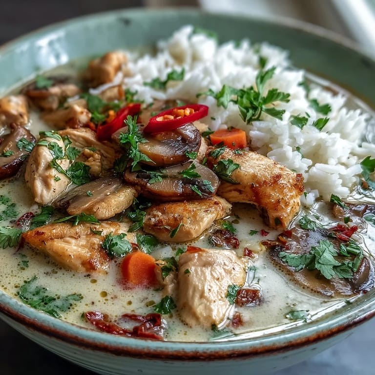 Thai Coconut Curry Soup in a white ceramic bowl, showcasing tender chicken, earthy mushrooms, and aromatic herbs in rich broth.