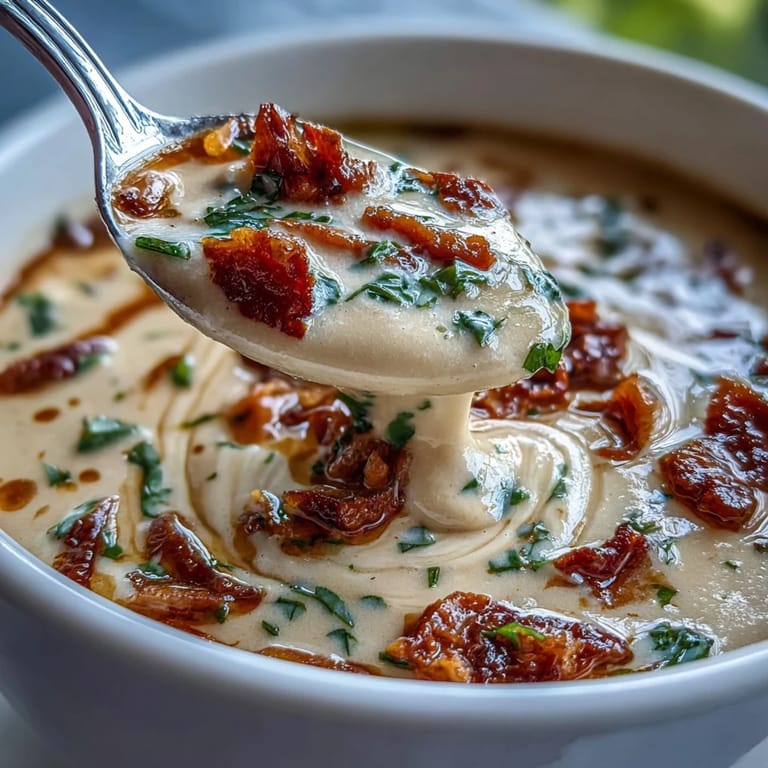 Rich Creamy Tuscan White Bean Soup simmered with sun-dried tomatoes and Italian herbs.