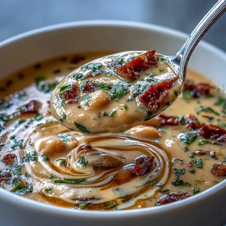 Steaming bowl of Creamy Tuscan White Bean Soup served hot with crusty bread.