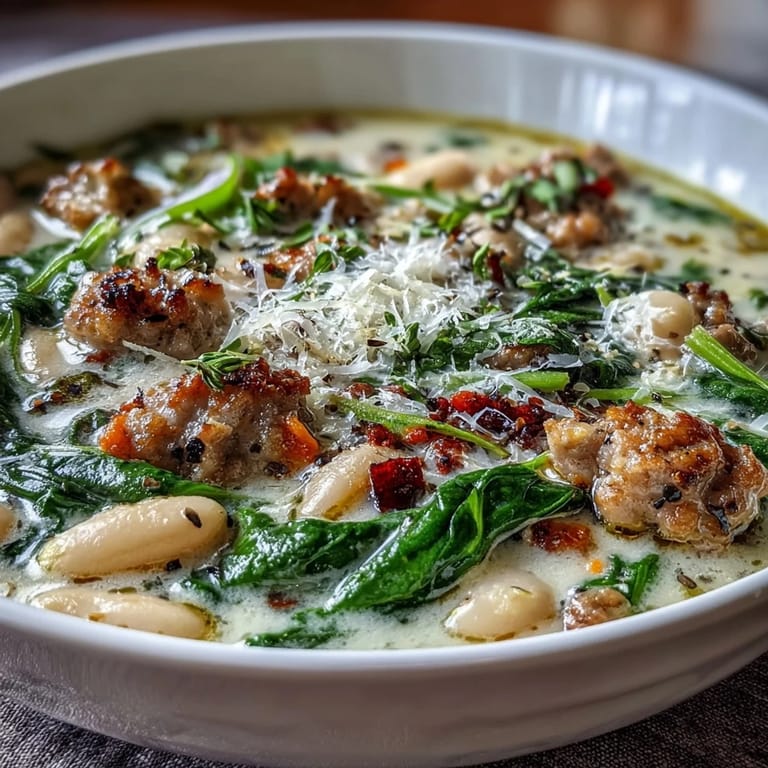 Vivid Creamy Tuscan White Bean Soup With Sausage ladle lifted from pot, revealing creamy broth, sausage crumbles, and tender beans.
