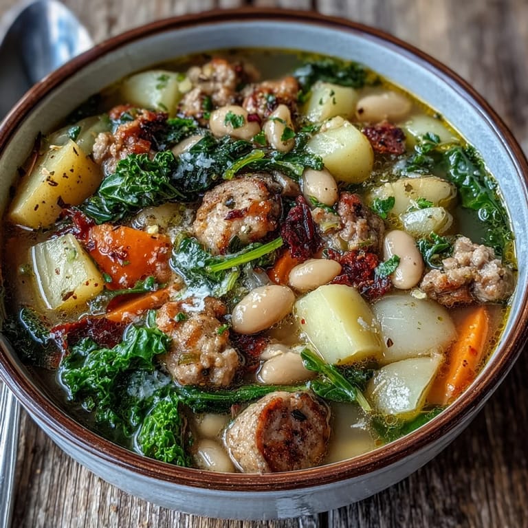 Freshly grated Parmesan melts into a ladle of Tuscan White Bean Sausage Soup.