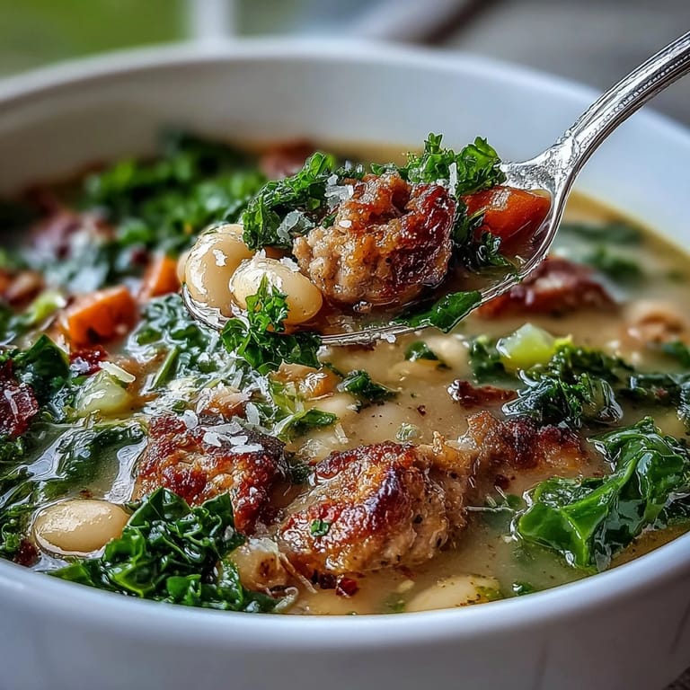 Rustic pot of Italian White Bean Soup with Kale and Sausage, featuring creamy beans, tender kale, and crumbled spicy sausage.