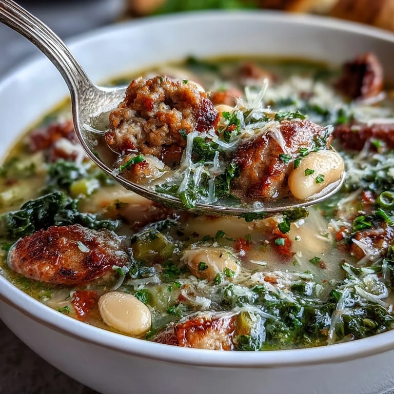 Italian White Bean Soup with Kale and Sausage steaming in a bowl, with olive oil drizzle and a slice of bread.