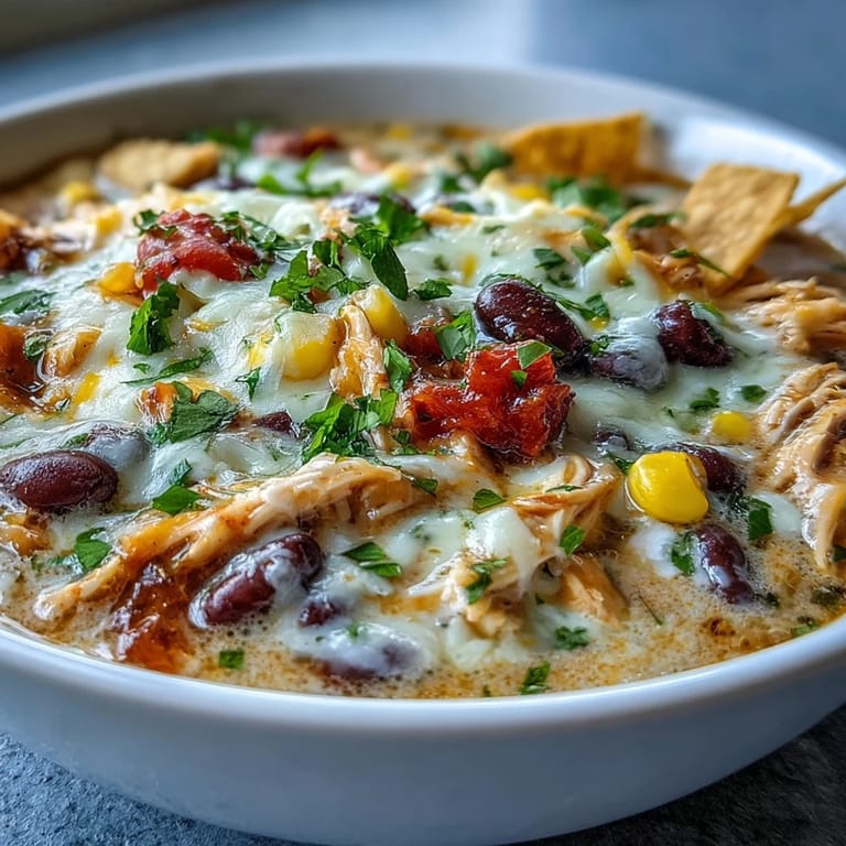 Tender shredded chicken, black beans, and corn swirl in a creamy tomato broth of Easy Chicken Tortilla Soup.