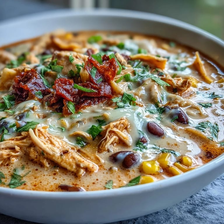 Ready to serve Easy Chicken Tortilla Soup topped with crunchy tortilla strips, lime wedges, and sliced jalapeños.