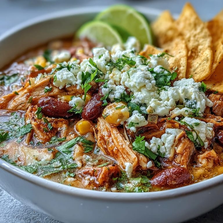 Chicken Tortilla Soup simmering in a pot with corn, pinto beans, and shredded chicken, ready to serve.