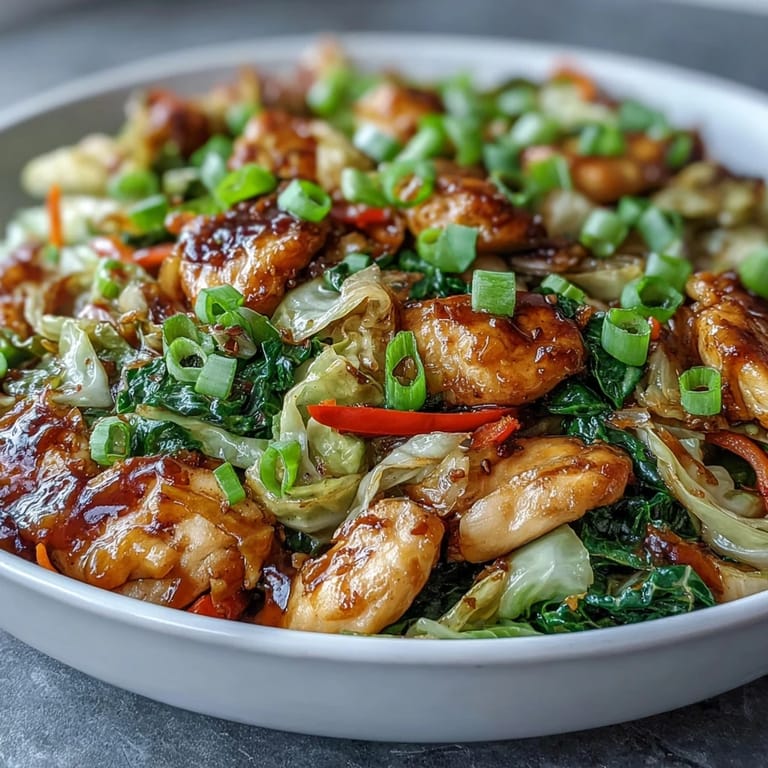 Close-up of glazed Chicken Cabbage Stir-Fry piled high with tender chicken, cabbage, and red bell peppers.