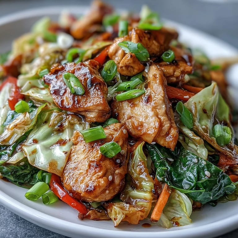 Serving of Chicken Cabbage Stir-Fry over white rice, garnished with green onions and sesame seeds.