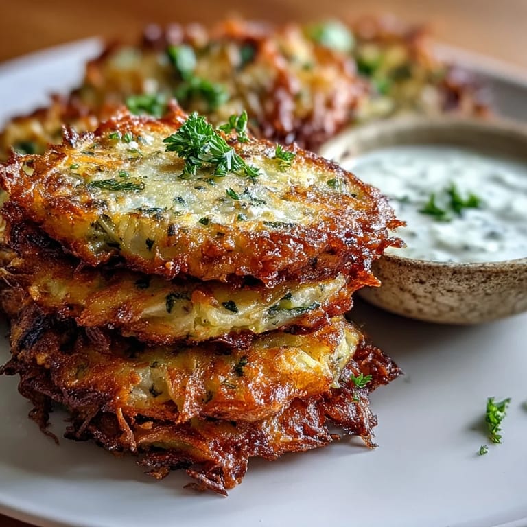 Close up of crispy cabbage fritters with dipping sauce, showing tender vegetables inside and tangy creamy sauce drizzled on top.