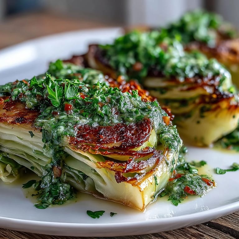 Charred cabbage steaks drizzled with spicy jalapeño chimichurri on a rustic dinner plate.