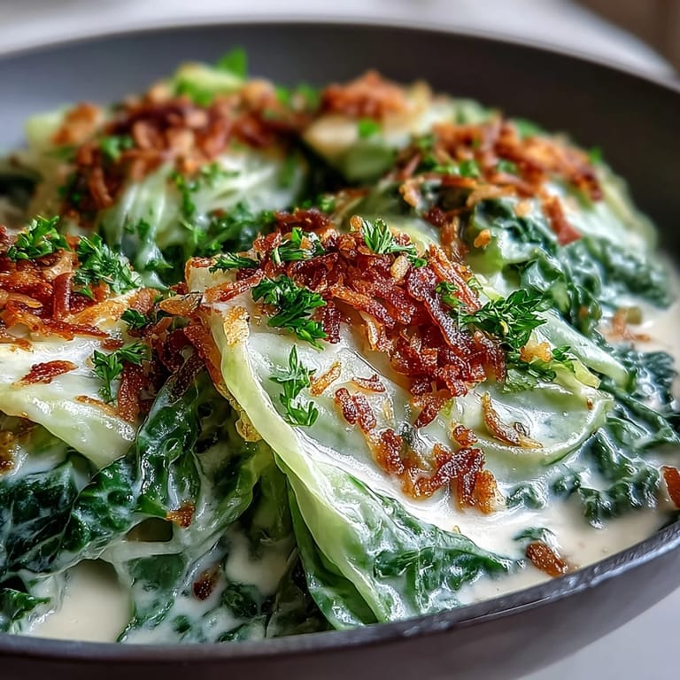 A creamy skillet of coconut braised cabbage simmered with turmeric and cumin, steaming gently in a rustic ceramic bowl.