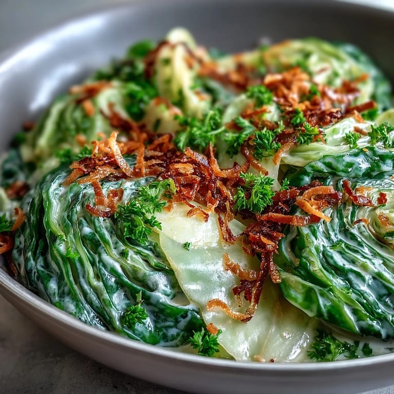 Vegan coconut braised cabbage topped with toasted coconut, ready to spoon over rice or alongside grilled meats.
