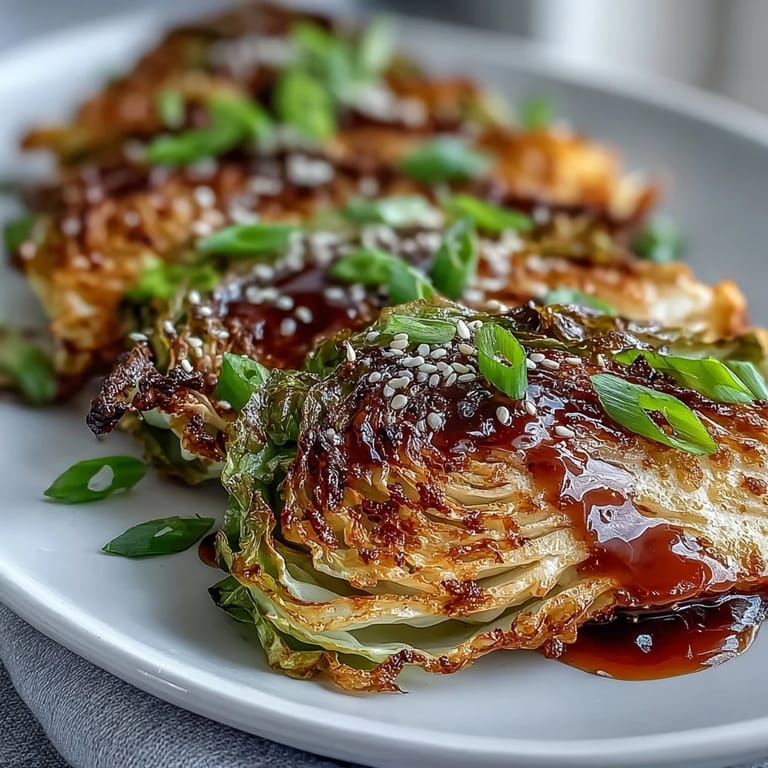 Freshly plated Miso Butter Roasted Cabbage Wedges garnished with scallions and sesame seeds, served alongside grilled tofu.