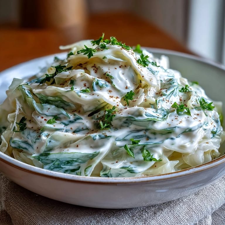 Pan of Creamed Cabbage with light creamy coating, steaming and ready to serve with a silver spoon.
