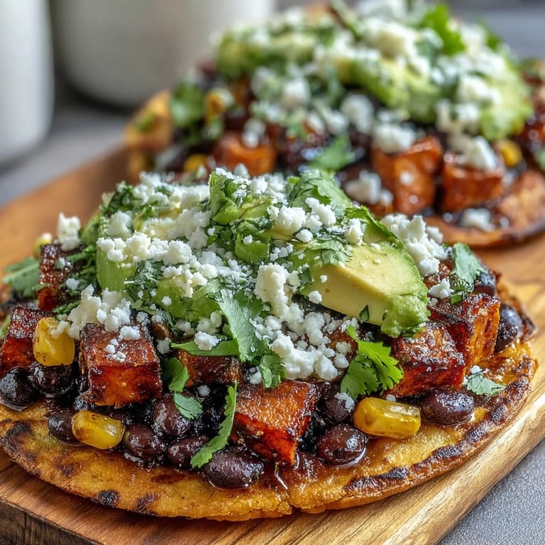 Roasted sweet potatoes and limey black beans on a tostada, topped with fresh cilantro and corn for a smoky, satisfying crunch.