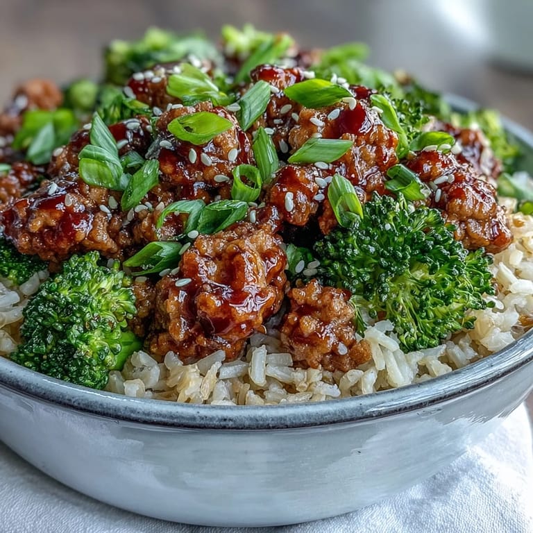 A savory serving of Sweet and Spicy Turkey Broccoli Bowls with tender turkey, garlic and ginger aromas, topped with sesame seeds and fresh green onion.