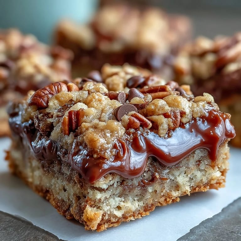 Gooey caramel and rich chocolate chips highlight the texture of Decadent Sweet and Chewy Turtle Bars, served on a white plate.