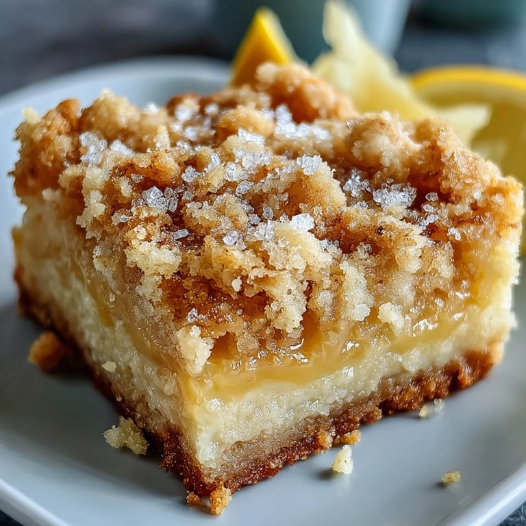 Close-up of Homemade Lemon Crumb Bars with a crumbly crust, zesty lemon center, and fresh lemon zest garnish on a marble counter.