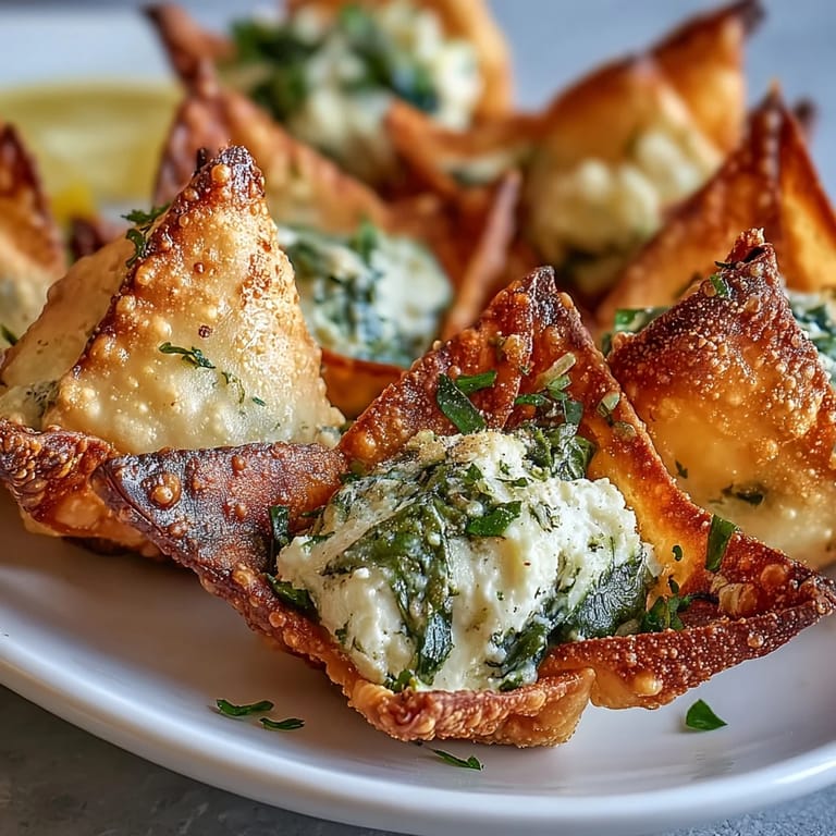 Golden Mediterranean spinach and feta crisps are arranged on a white platter with lemon wedges.