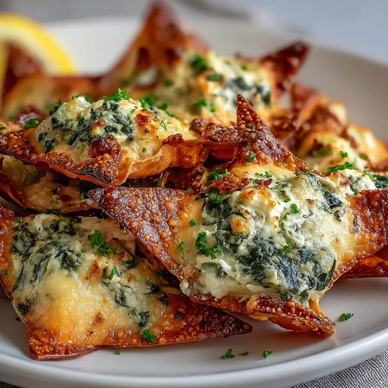 Bite-sized spinach and feta crisps are served warm, garnished with fresh parsley and sesame seeds.