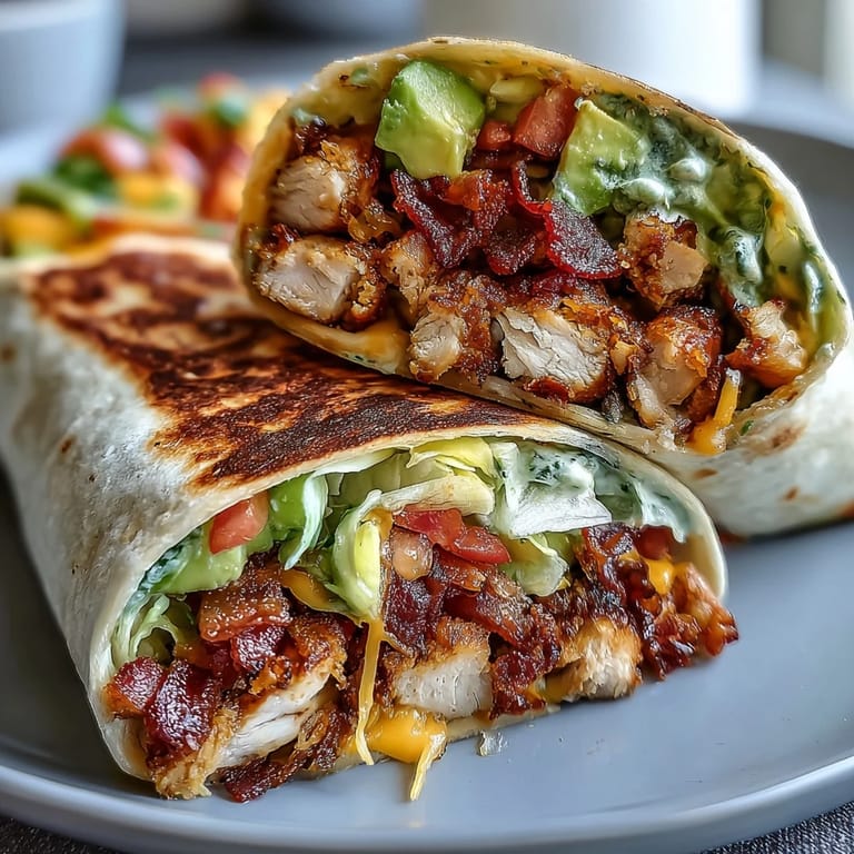 A diagonal slice reveals creamy avocado, tangy sauce, and layered fillings in a Crispy Chicken Bacon Wrap.