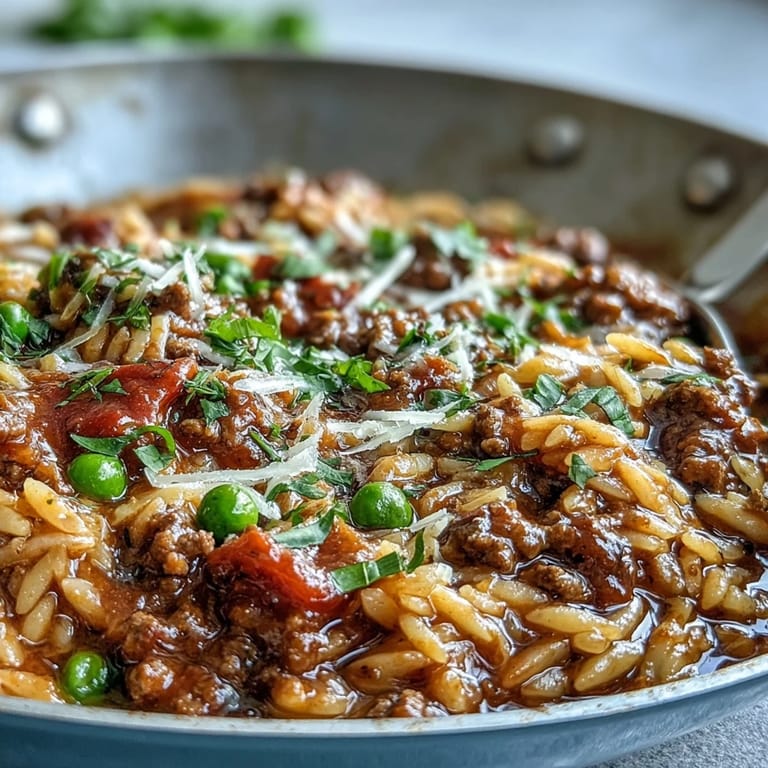 Savory Comforting Ground Beef Orzo Dinner featuring tender orzo, sweet bell peppers, and peas in a rich tomato beef broth.