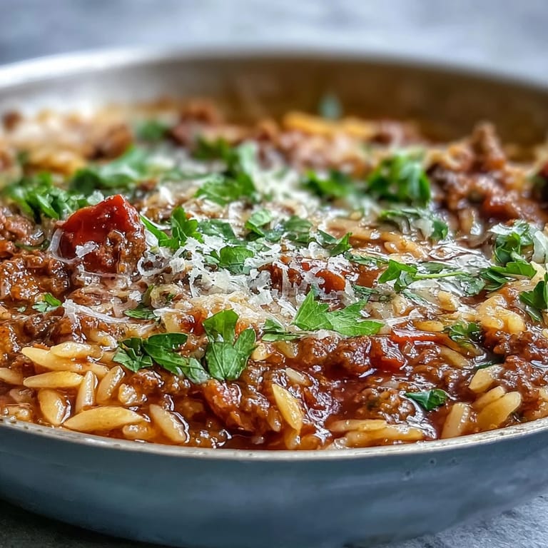 Weeknight Comforting Ground Beef Orzo Dinner served in a rustic bowl with a side salad, ready to enjoy for dinner.