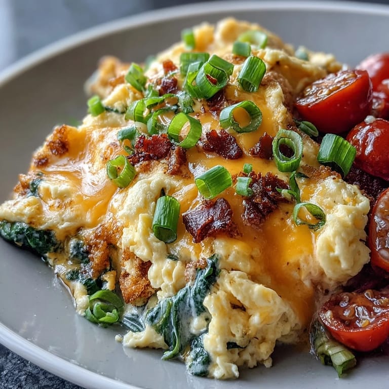 A close-up of a scrambled egg and veggie bowl, featuring soft curds, wilted spinach, and juicy cherry tomatoes topped with cheese.