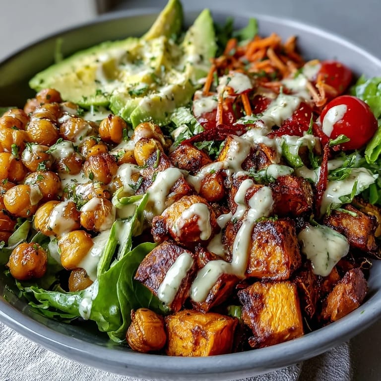 A colorful Breakfast Buddha Bowl with mixed greens, avocado, and vegetables drizzled in creamy tahini dressing.
