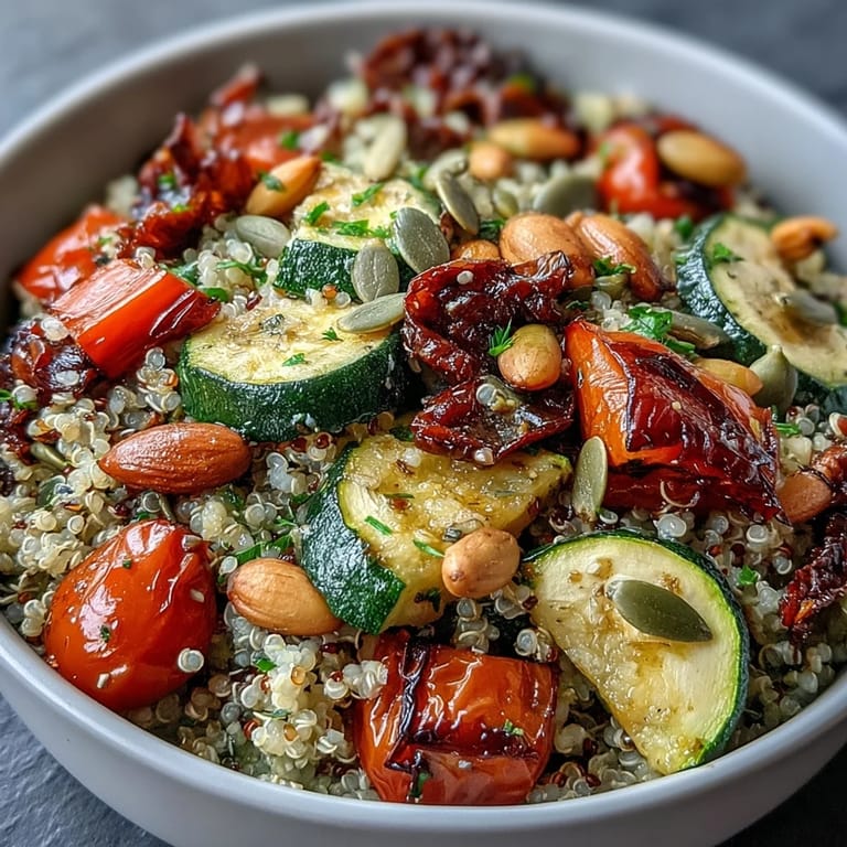 Close-up of a colorful Veggie and Quinoa Power Bowl featuring fluffy quinoa, black beans, and caramelized veggies in a lemon dressing.