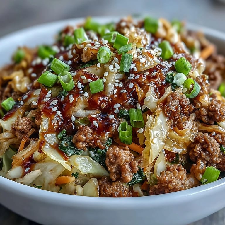 Finished one-pan meal garnished with green onions and sesame seeds, served hot in a skillet for a family-style dinner.