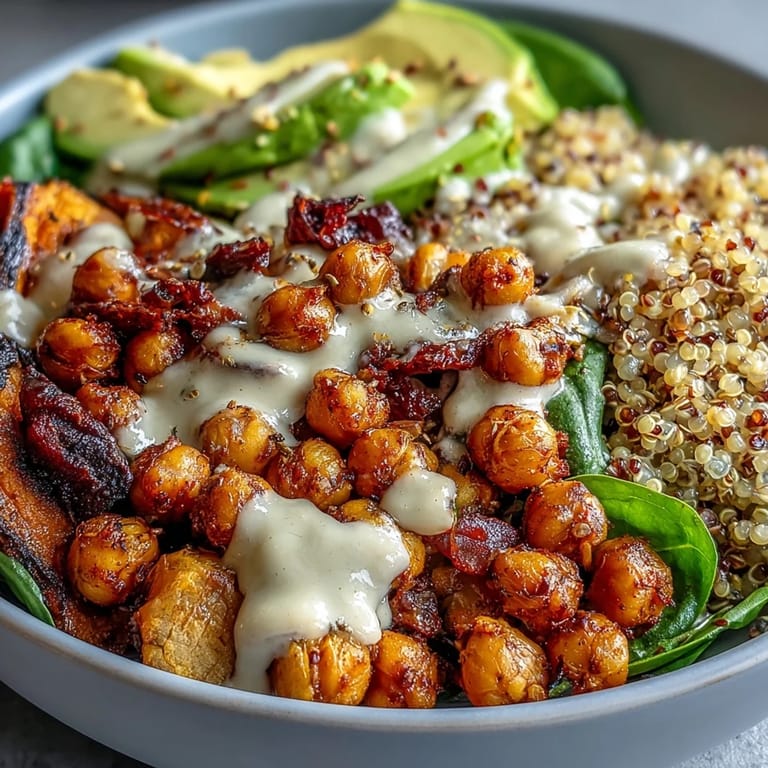 Healthy vegan Roasted Chickpea Power Bowl topped with fresh greens, herbs, and tahini dressing, perfect for a wholesome lunch.
