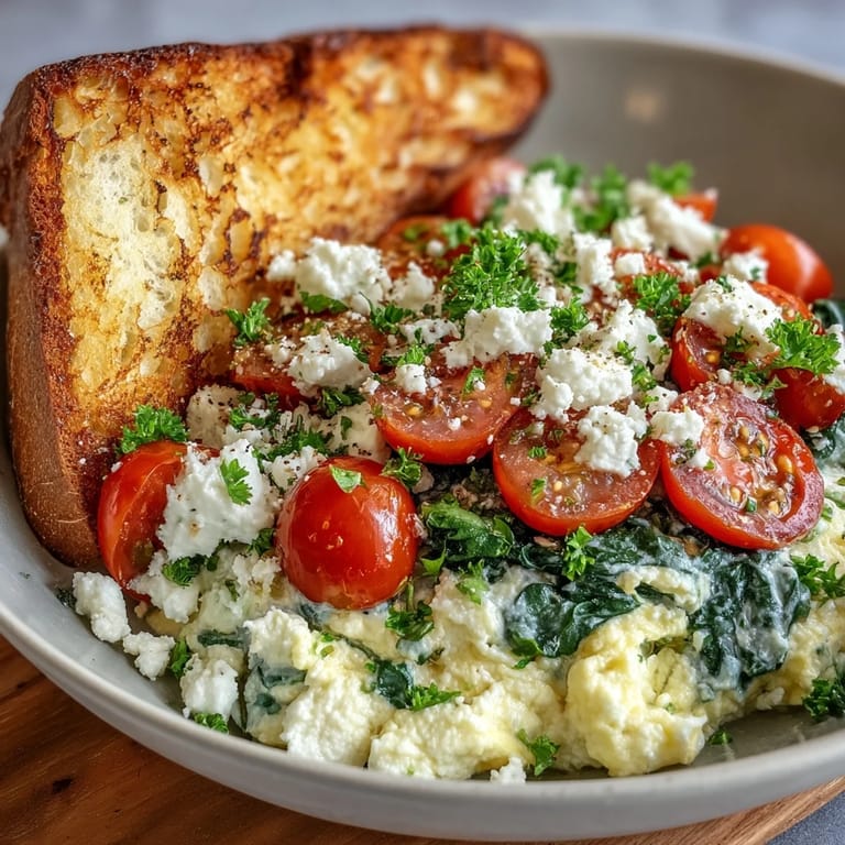 A hearty Spinach and Feta Breakfast Bowl served with golden whole grain toast for a satisfying vegetarian meal.  