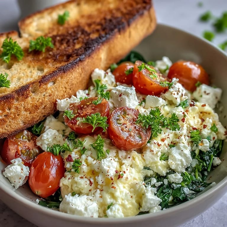 Fresh baby spinach and tangy feta cheese elevate this Mediterranean-inspired breakfast bowl, perfect with a side of toast.