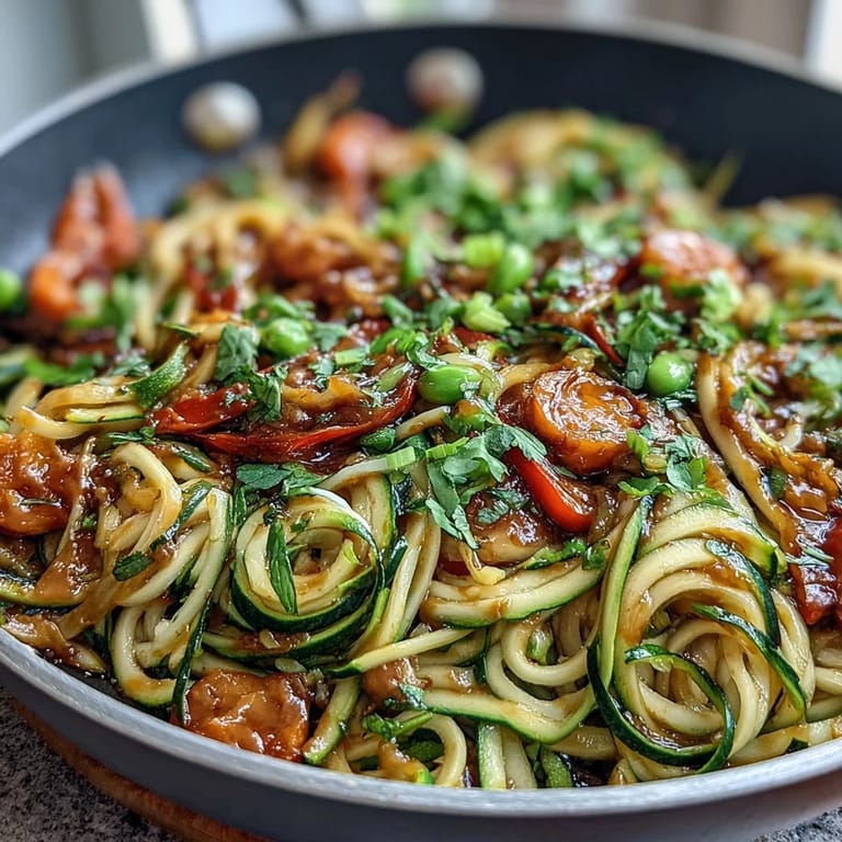 Colorful zucchini noodles tossed in tangy peanut sauce, garnished with green onions and roasted peanuts.