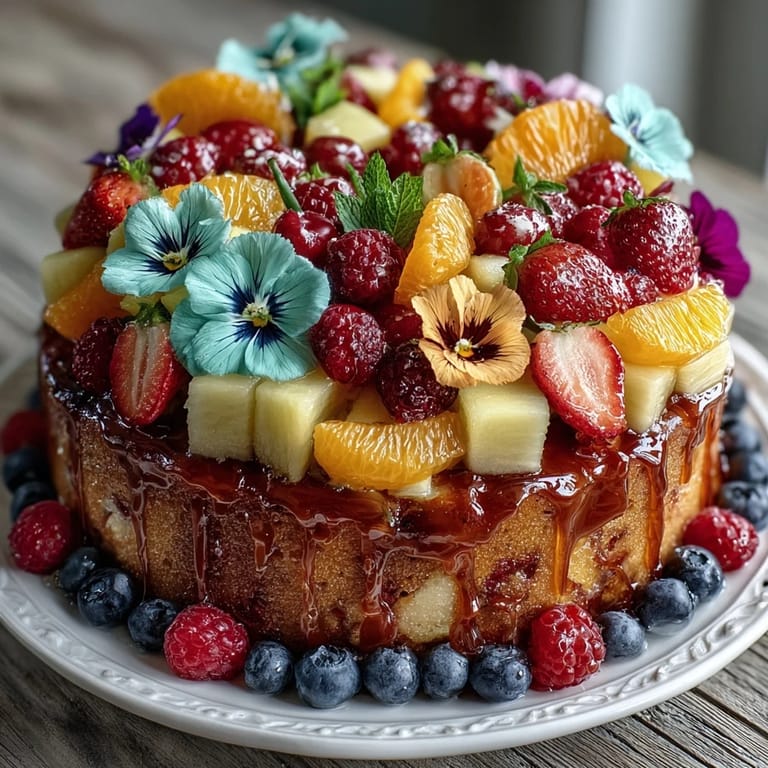 Colorful fruit arrangement featuring fresh berries, melon, and edible flowers, ideal for festive gatherings and summer celebrations.