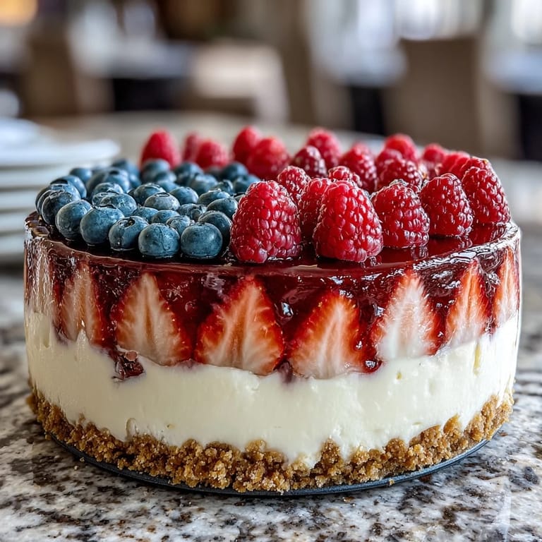 Creamy no-bake cheesecake with vibrant strawberries and blueberries arranged in patriotic flag design, ideal for summer gatherings.