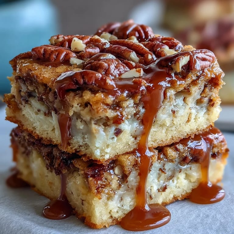 Southern pecan pie bars with bourbon glaze, buttery shortbread crust and crunchy toasted pecans in a close-up dessert shot.