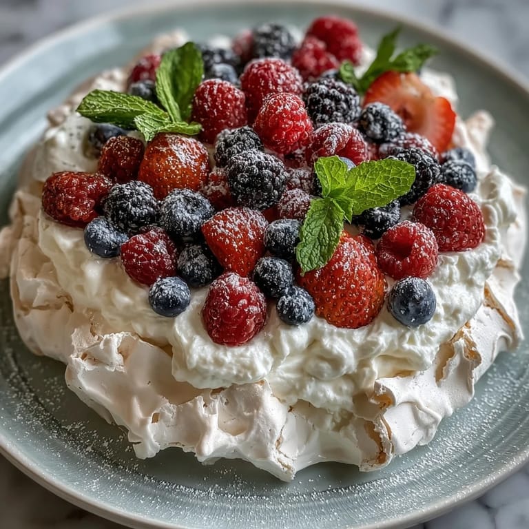2. Celebrate Mothers Day with this stunning pavlova featuring a delicate, marshmallow-like center beneath a golden, crisp meringue crust, crowned with vibrant seasonal berries.  